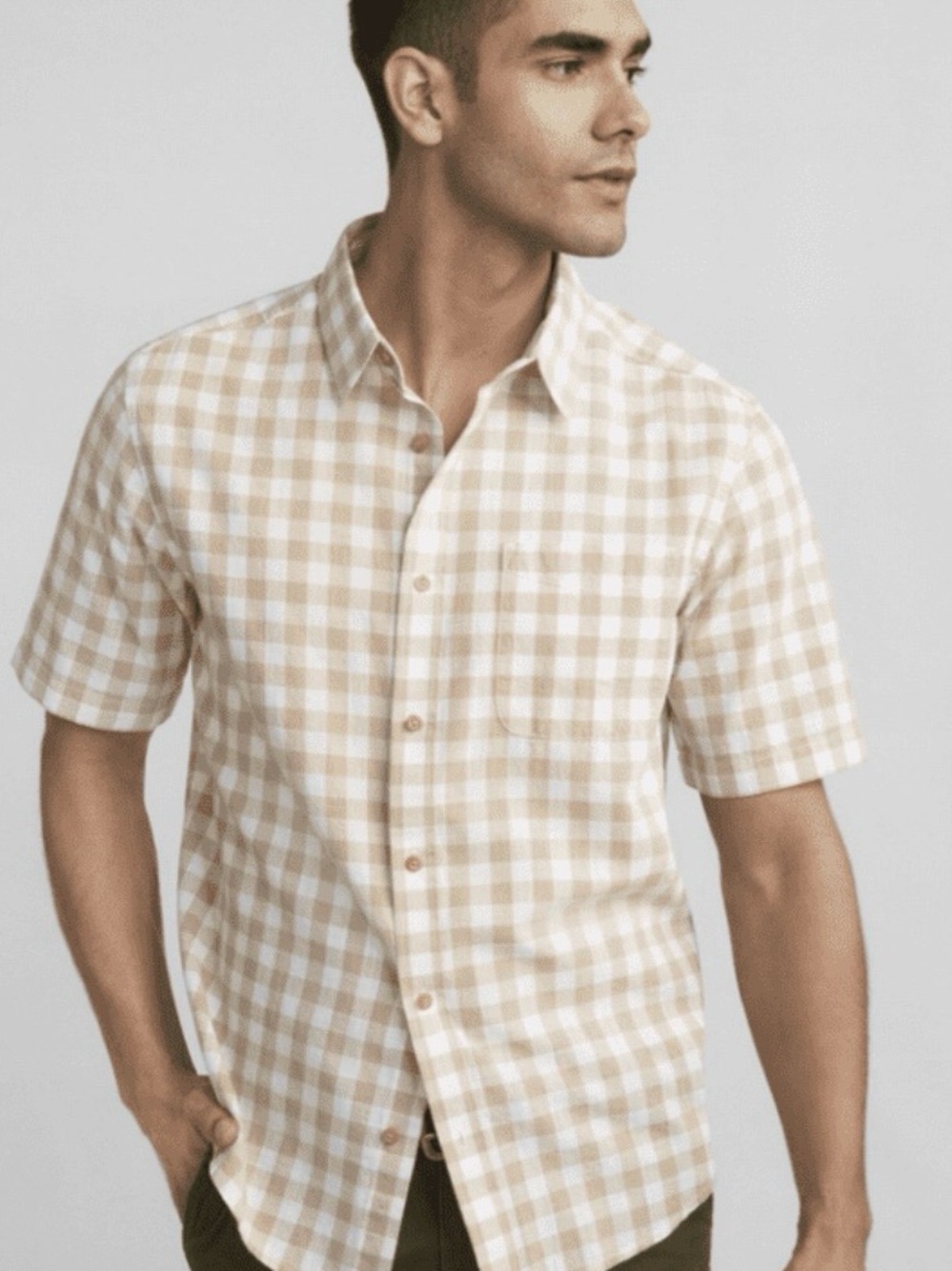 George Short-Sleeve Button-Down Shirt in Beige & White Gingham